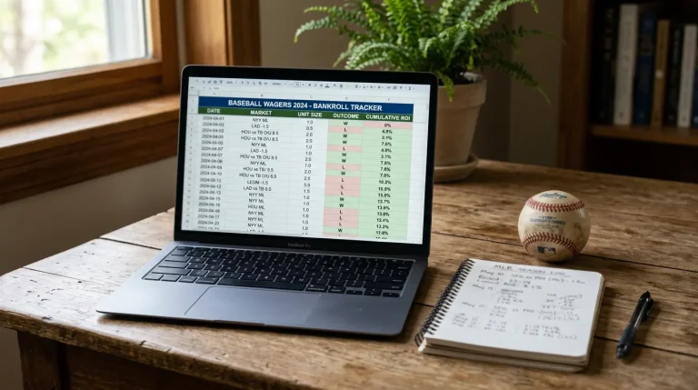 A bankroll tracking spreadsheet showing unit sizing, drawdown and cumulative ROI across a season of MLB wagers