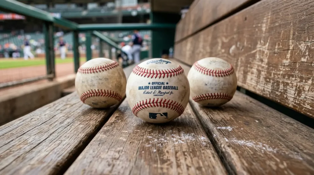 Three official Major League Baseballs lined up on a worn wooden dugout bench in soft natural light