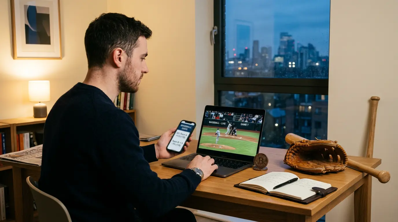 A British MLB fan reviews live baseball odds on a phone next to a Bitcoin hardware wallet and pound notes