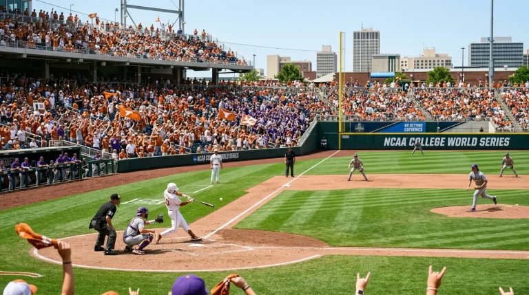 A NCAA College World Series fixture at Charles Schwab Field in Omaha with a bet ticket overlay showing decimal odds