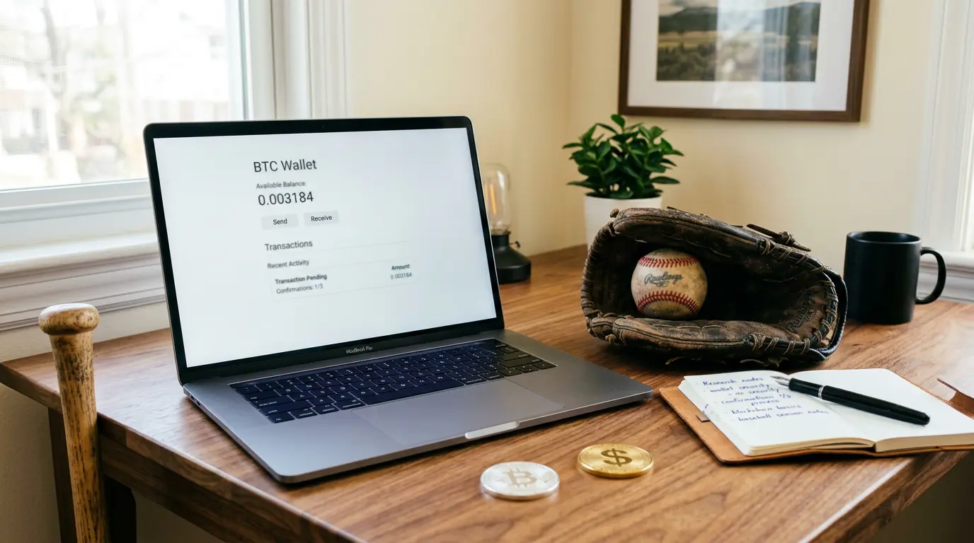 A person at a tidy desk reviewing a cryptocurrency wallet on a laptop next to a baseball glove and a printed transaction log