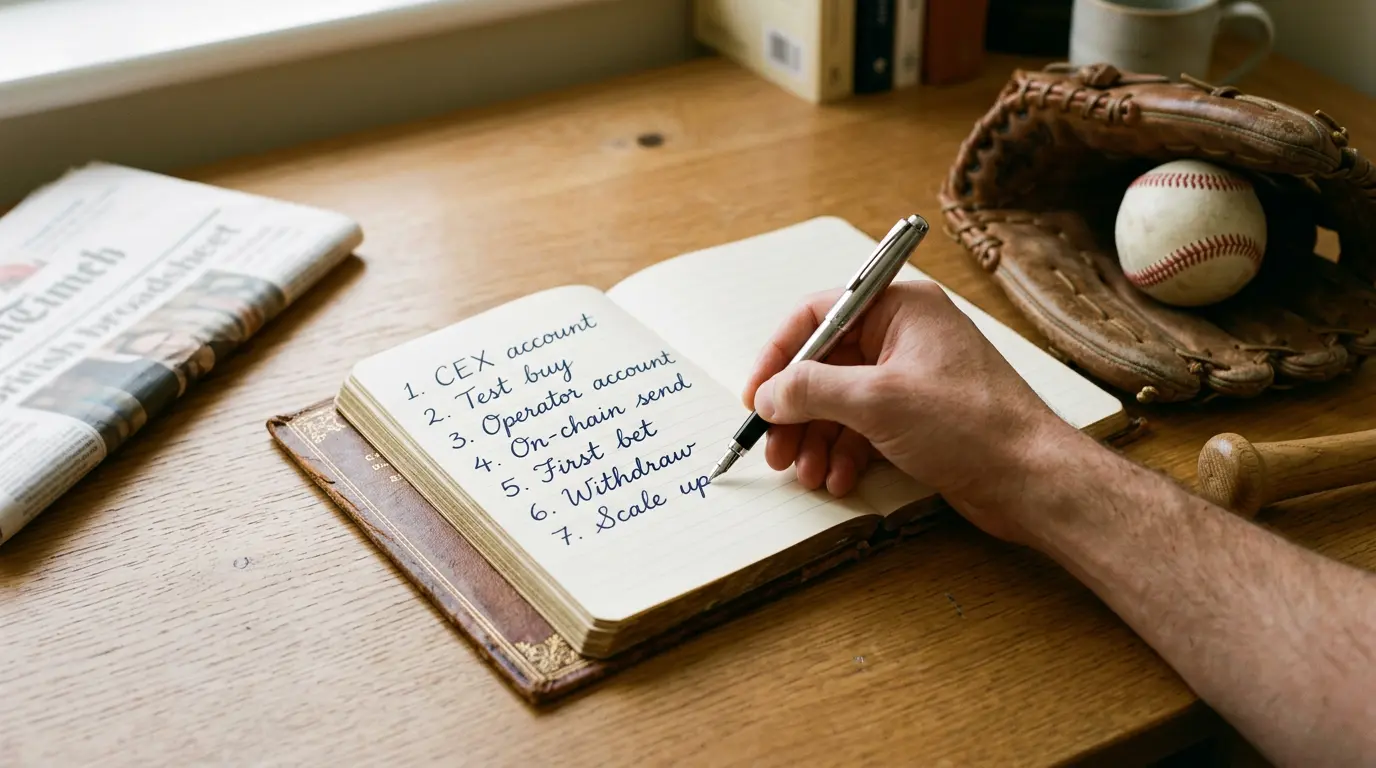A hand writing a numbered sequential checklist in an open notebook, showing seven labelled steps for setting up a UK crypto MLB betting workflow