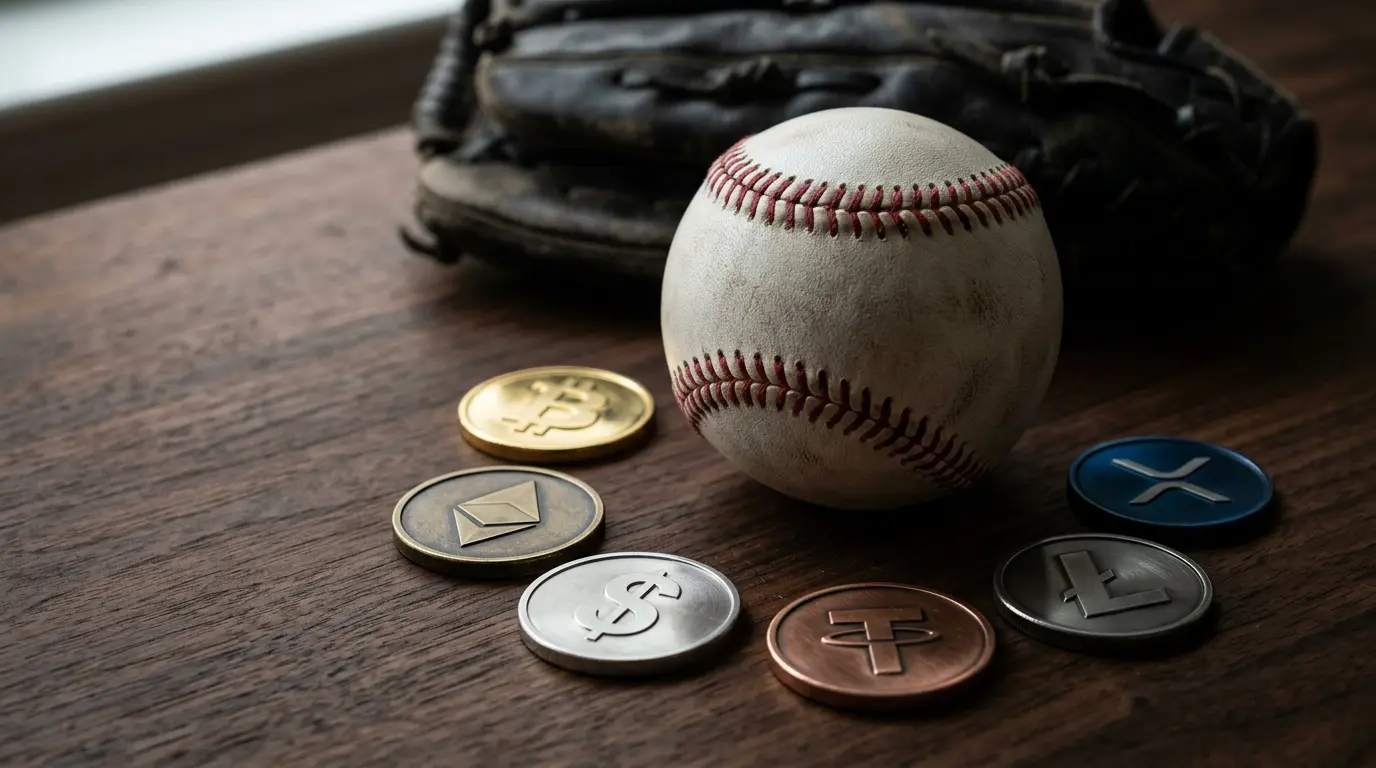 Symbolic metal tokens engraved with the Bitcoin and dollar symbols arranged on a baseball, illustrating cryptocurrency choice for MLB wagers