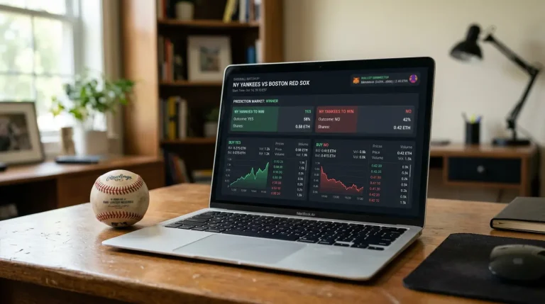 A decentralised prediction market interface showing MLB outcome shares trading on a blockchain orderbook