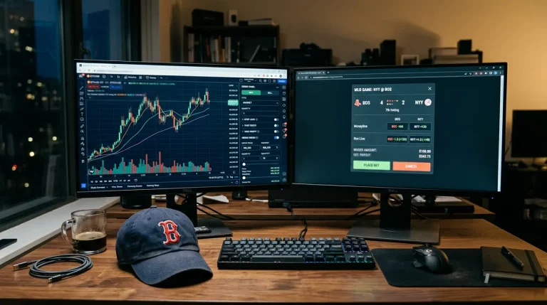 A trading desk display showing a BTC price chart with hedge order panel and an open MLB bet ticket overlay