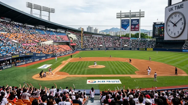 KBO League stadium in Seoul during a daytime fixture with a UK clock face indicating morning hours