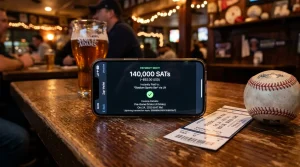 A mobile Lightning Network wallet showing an instant sportsbook withdrawal invoice with a baseball ticket in the background