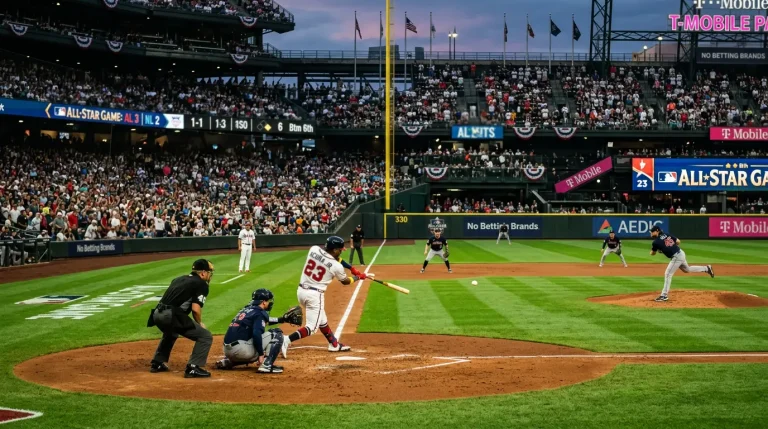 An MLB All-Star Game broadcast frame with a crypto sportsbook betting menu showing AL vs NL moneyline and props
