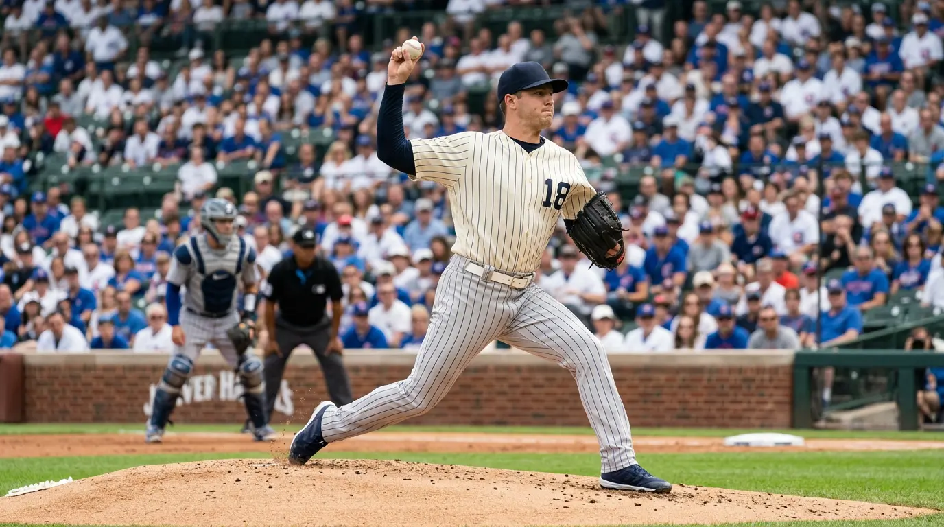 MLB pitcher releasing a fastball on the mound during a daytime regular-season game, dirt mound and grass infield clearly visible