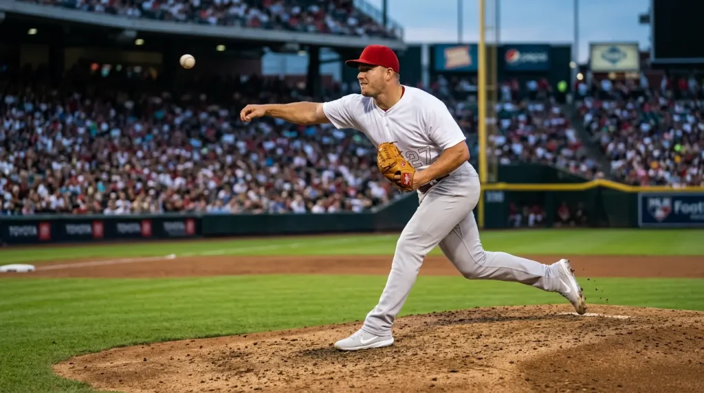 MLB pitcher in mid-delivery on the mound during an evening stadium game