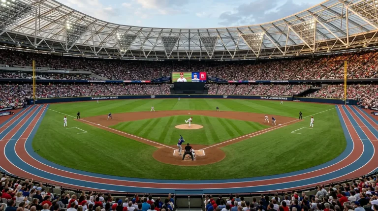 London Stadium during an MLB London Series fixture with the diamond laid out across the football pitch and a packed crowd