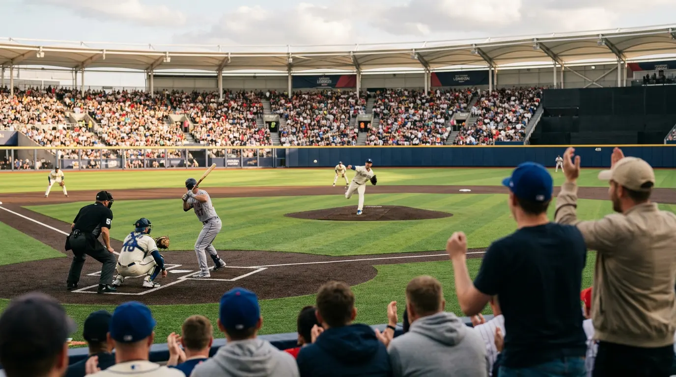 MLB London Series game at London Stadium with British baseball fans in MLB caps watching a regular-season match