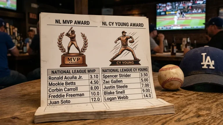 MVP and Cy Young trophy graphics with a futures betting board showing decimal odds for top award candidates