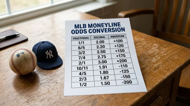 An odds conversion table showing the same MLB moneyline in fractional, decimal and American formats