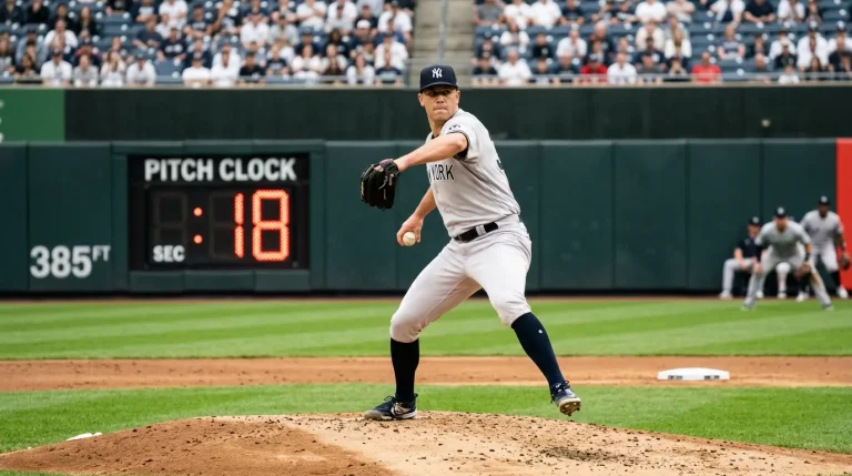 A pitch clock displayed on the outfield wall counting down behind a pitcher in his motion