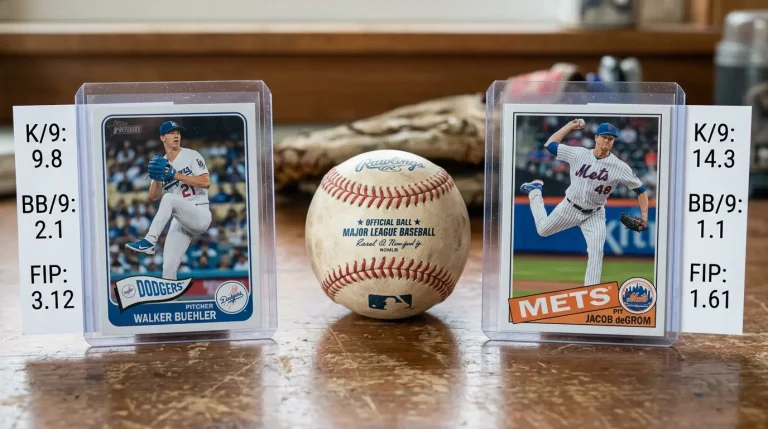 Two MLB starting pitcher cards side by side with annotated K/9, BB/9 and FIP statistics for matchup analysis