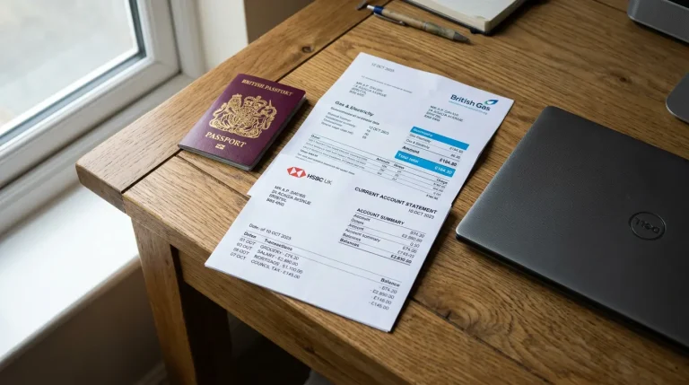 A passport, utility bill and bank statement laid out on a desk next to a laptop displaying a crypto sportsbook withdrawal screen