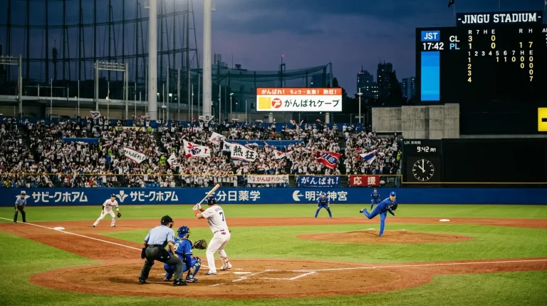 A Japanese NPB baseball stadium under floodlights with a UK time zone overlay marking morning hours
