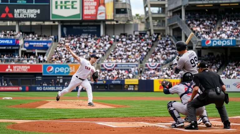 Pitcher delivering the first pitch of an MLB game with crypto wallet UI overlaid on the corner of the screen