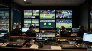 A cryptographic hash visualisation overlaid on a baseball stadium broadcast screen with verification ticks