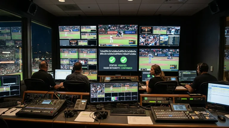 A cryptographic hash visualisation overlaid on a baseball stadium broadcast screen with verification ticks