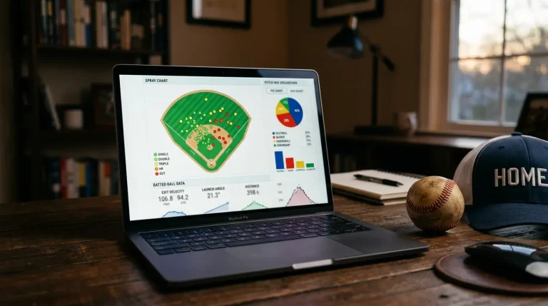 A laptop displaying Statcast data overlays for a baseball game with a crypto sportsbook bet ticket alongside