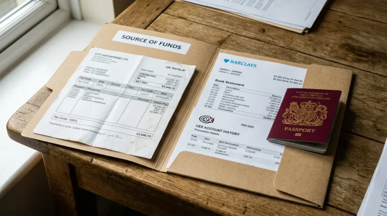 A folder labelled 'Source of Funds' containing payslips, bank statements and CEX history beside a passport on a desk