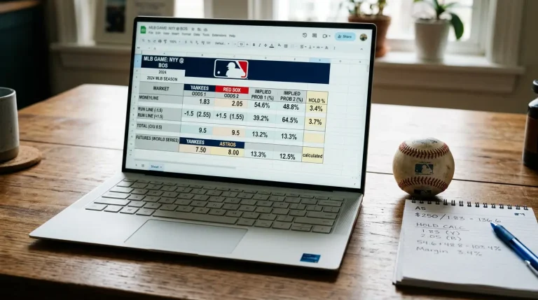 A spreadsheet calculating hold percentages across moneyline, run line and futures markets for an MLB game