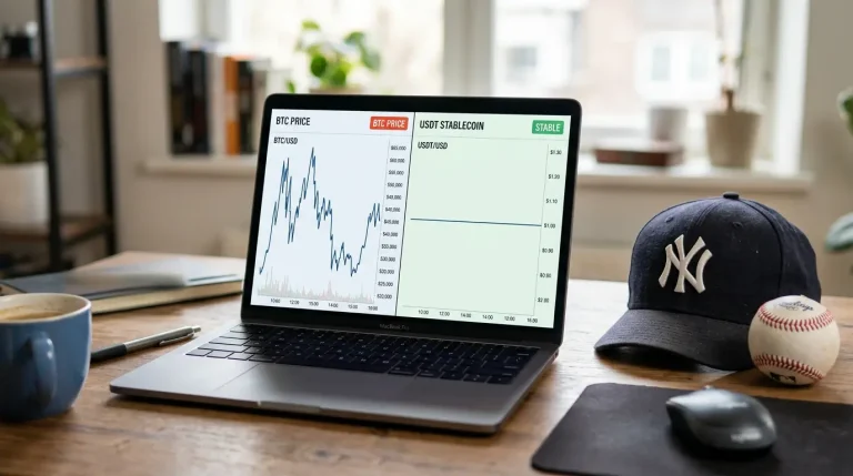 Side-by-side comparison of a Bitcoin price chart and a stablecoin price chart with an MLB betting slip overlay
