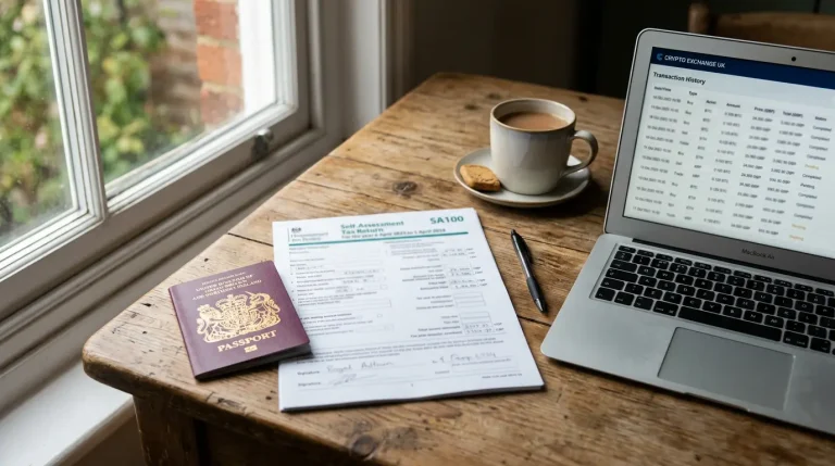 A self-assessment tax form on a desk next to a UK passport and a laptop showing a crypto exchange transaction history