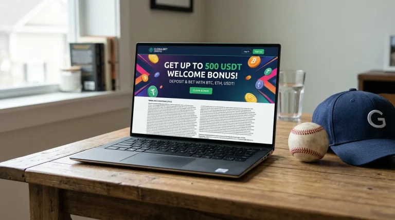 A welcome bonus offer banner with terms and conditions in fine print displayed on a crypto sportsbook landing page