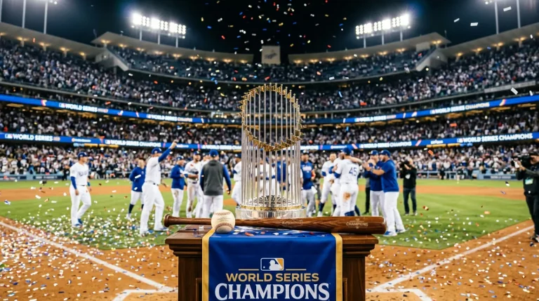 A Commissioner's Trophy on a stadium podium with a cryptocurrency wallet displaying a long-dated futures ticket overlaid